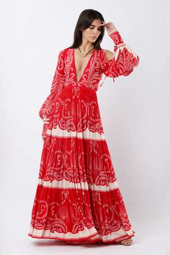 Buy_Limerick By Abirr N' Nanki_Red Crepe Plunge Neck Lore Embroidered Maxi Dress _Online_at_Aza_Fashions