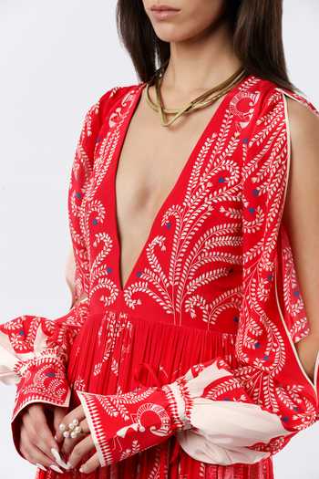 Shop_Limerick By Abirr N' Nanki_Red Crepe Plunge Neck Lore Embroidered Maxi Dress _Online_at_Aza_Fashions