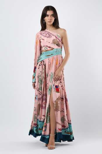 Limerick By Abirr N' Nanki_Pink Crepe Asymmetric Neck, One Shoulder Zephy Printed Maxi Dress _Online_at_Aza_Fashions