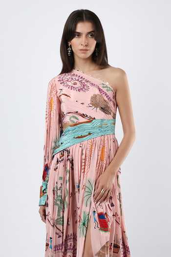 Buy_Limerick By Abirr N' Nanki_Pink Crepe Asymmetric Neck, One Shoulder Zephy Printed Maxi Dress _Online_at_Aza_Fashions