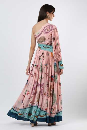 Shop_Limerick By Abirr N' Nanki_Pink Crepe Asymmetric Neck, One Shoulder Zephy Printed Maxi Dress _at_Aza_Fashions