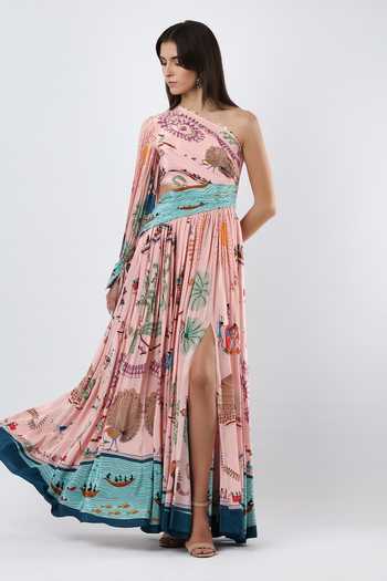 Shop_Limerick By Abirr N' Nanki_Pink Crepe Asymmetric Neck, One Shoulder Zephy Printed Maxi Dress _Online_at_Aza_Fashions
