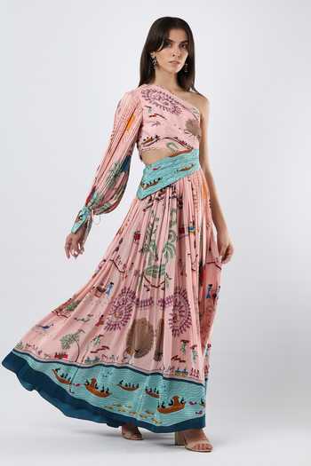 Limerick By Abirr N' Nanki_Pink Crepe Asymmetric Neck, One Shoulder Zephy Printed Maxi Dress _at_Aza_Fashions