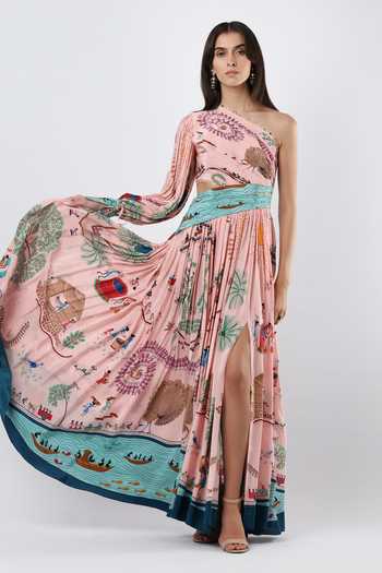 Buy_Limerick By Abirr N' Nanki_Pink Crepe Asymmetric Neck, One Shoulder Zephy Printed Maxi Dress _at_Aza_Fashions