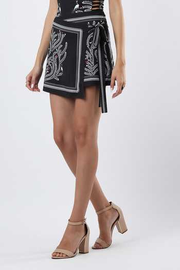 Shop_Limerick By Abirr N' Nanki_Black Polyester, Spandex Tullia Border Printed Skirt _Online_at_Aza_Fashions
