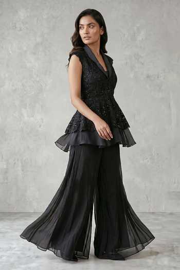 Two Sisters By Gyans_Black Organza, Satin Shawl Neck Embroidered Jacket Sharara Set _Online_at_Aza_Fashions