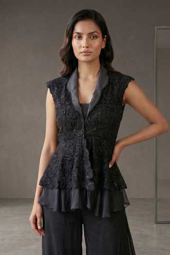 Buy_Two Sisters By Gyans_Black Organza, Satin Shawl Neck Embroidered Jacket Sharara Set _Online_at_Aza_Fashions