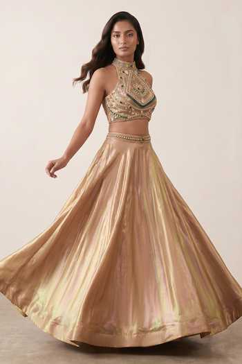 Two Sisters By Gyans_Gold Tissue Halter Neck Geometric Embellished Lehenga And Blouse Set _Online_at_Aza_Fashions