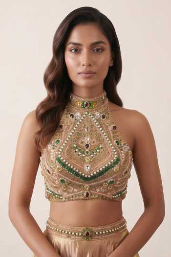 Buy_Two Sisters By Gyans_Gold Tissue Halter Neck Geometric Embellished Lehenga And Blouse Set _Online_at_Aza_Fashions
