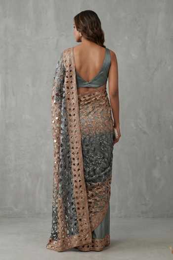 Shop_Two Sisters By Gyans_Blue Silk V-neck Cutwork Embellished Saree With Blouse _at_Aza_Fashions