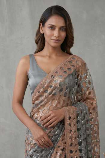 Two Sisters By Gyans_Blue Silk V-neck Cutwork Embellished Saree With Blouse _Online_at_Aza_Fashions