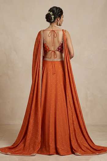 Shop_Two Sisters By Gyans_Orange Georgette, Silk V-neck Embellished Lehenga Set _at_Aza_Fashions