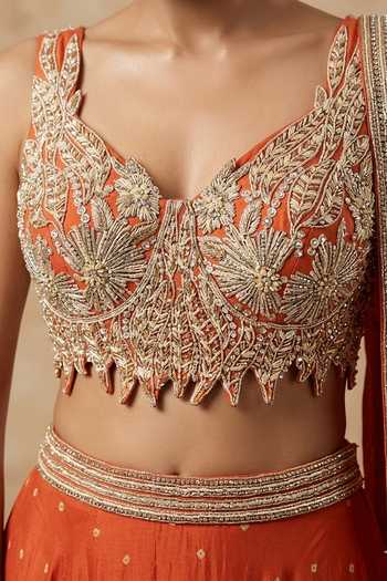 Two Sisters By Gyans_Orange Georgette, Silk V-neck Embellished Lehenga Set _Online_at_Aza_Fashions