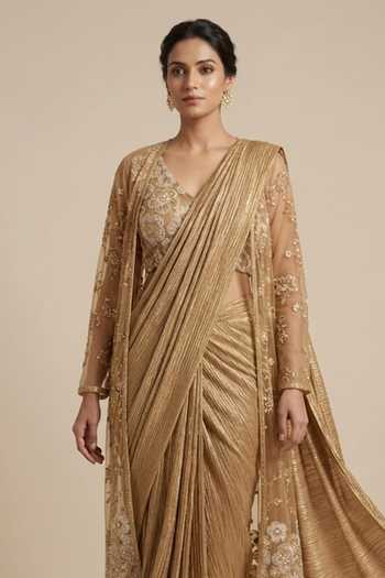 Two Sisters By Gyans_Gold Georgette, Organza Open Neck, Pre-draped Saree Set With Embellished Jacket _Online_at_Aza_Fashions