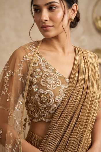 Buy_Two Sisters By Gyans_Gold Georgette, Organza Open Neck, Pre-draped Saree Set With Embellished Jacket _Online_at_Aza_Fashions