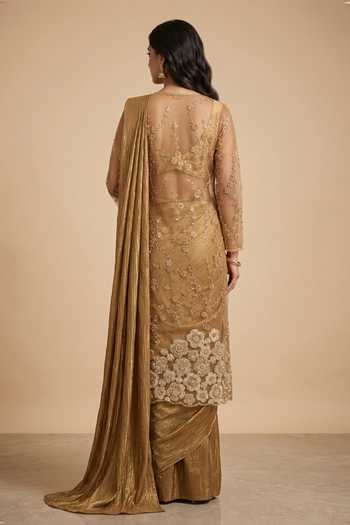 Shop_Two Sisters By Gyans_Gold Georgette, Organza Open Neck, Pre-draped Saree Set With Embellished Jacket _at_Aza_Fashions