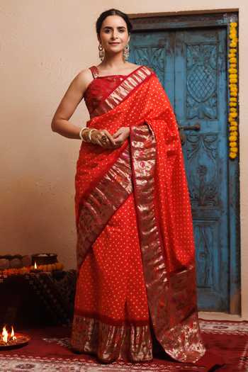 Buy_Geroo Jaipur_Orange Silk One Handcrafted Bandhani Saree With Stitched Blouse And Petticoat _Online_at_Aza_Fashions