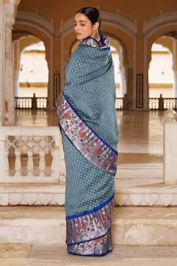 Shop_Geroo Jaipur_Blue Silk, Brocade V-neck Bandhani Saree Set _at_Aza_Fashions