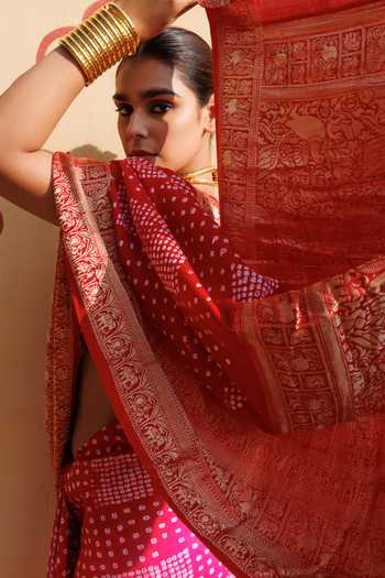 Shop_Geroo Jaipur_Pink Silk Square Neck Bandhani Saree With Stitched Blouse And Petticoat Set 