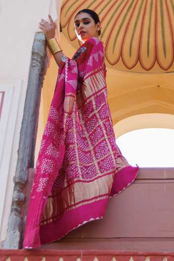 Buy_Geroo Jaipur_Pink Silk One Shoulder Ajrakh Bandhani Saree Set _Online_at_Aza_Fashions
