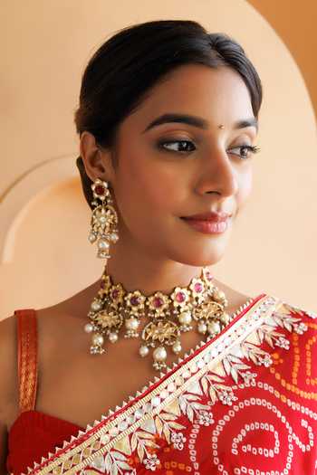 Buy_Geroo Jaipur_Red Georgette One Shoulder Bandhani Gota Patti Saree Set With Blouse And Petticoat _Online_at_Aza_Fashions
