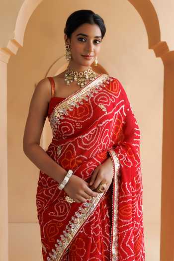 Shop_Geroo Jaipur_Red Georgette One Shoulder Bandhani Gota Patti Saree Set With Blouse And Petticoat _Online_at_Aza_Fashions