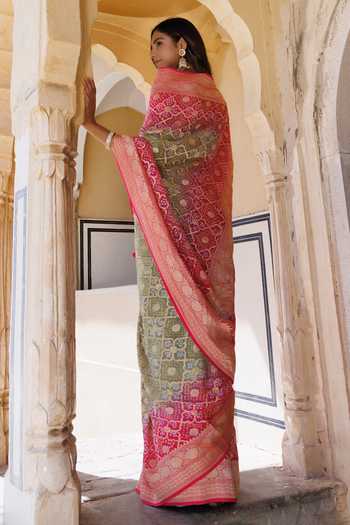 Shop_Geroo Jaipur_Pink Georgette Round Neck Gharchola Bandhani Saree Set With Stitched Blouse _at_Aza_Fashions