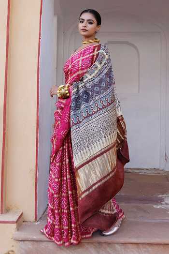 Geroo Jaipur_Pink Silk One Shoulder Ajrakh Bandhani Saree Set _Online_at_Aza_Fashions