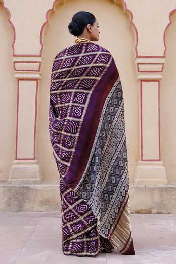 Shop_Geroo Jaipur_Wine Silk Sweetheart Ajrakh Bandhani Saree With Stitched Blouse And Petticoat Set _at_Aza_Fashions