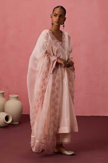 Janki India_Peach Cotton, Organza, Chanderi V-neck Scallop Neckline Embroidered Kurta Set _at_Aza_Fashions