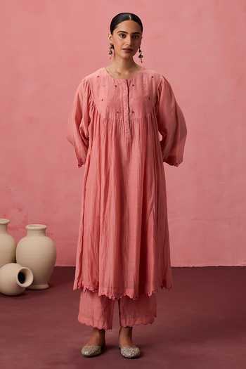 Shop_Janki India_Peach Cotton, Chanderi Round Neck Placement Embroidered Kurta Set _Online_at_Aza_Fashions