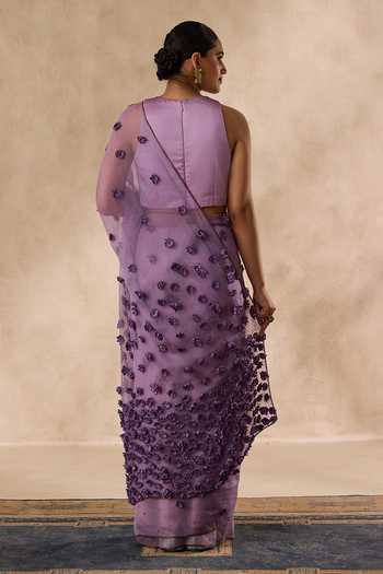 Shop_Janki India_Purple Organza, Flower Bead Embroidered Saree With Unstitched Blouse Piece _at_Aza_Fashions