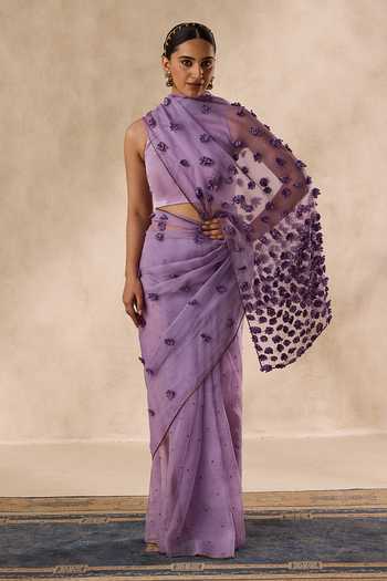 Shop_Janki India_Purple Organza, Flower Bead Embroidered Saree With Unstitched Blouse Piece _Online_at_Aza_Fashions