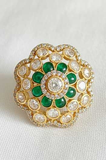 Shop_Sica Jewellery_Green Moissanite Polki Pennar Ring _at_Aza_Fashions