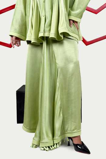 Saim_Green Chanderi, Satin, Jersey, Silk Round Neck Top And Lungi Skirt Set _Online_at_Aza_Fashions