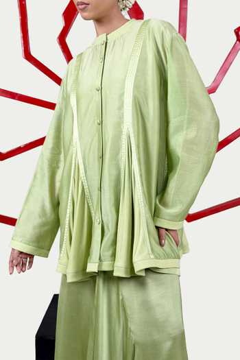 Buy_Saim_Green Chanderi, Satin, Jersey, Silk Round Neck Top And Lungi Skirt Set _Online_at_Aza_Fashions