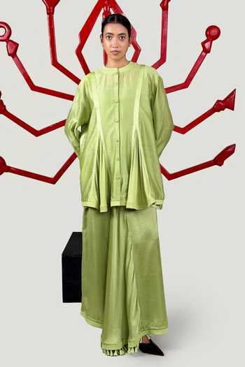 Buy_Saim_Green Chanderi, Satin, Jersey, Silk Round Neck Top And Lungi Skirt Set _at_Aza_Fashions