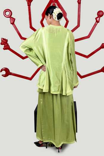 Shop_Saim_Green Chanderi, Satin, Jersey, Silk Round Neck Top And Lungi Skirt Set _at_Aza_Fashions
