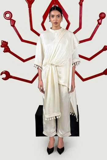 Buy_Saim_Off White Silk, Satin Mandarin Collar Gathered Draped Top And Trouser Set _at_Aza_Fashions