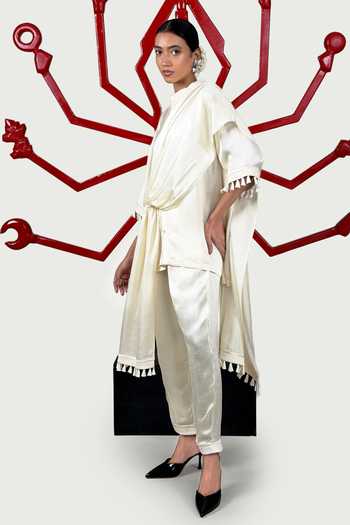 Saim_Off White Silk, Satin Mandarin Collar Gathered Draped Top And Trouser Set _Online_at_Aza_Fashions