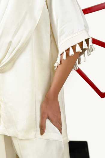 Buy_Saim_Off White Silk, Satin Mandarin Collar Gathered Draped Top And Trouser Set _Online_at_Aza_Fashions