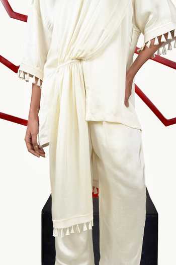 Shop_Saim_Off White Silk, Satin Mandarin Collar Gathered Draped Top And Trouser Set _Online_at_Aza_Fashions