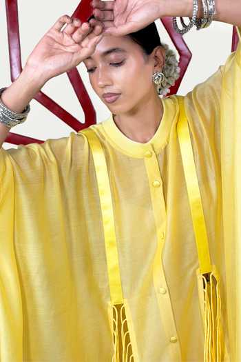Saim_Yellow Chanderi, Satin, Silk Round Neck Tassel Work Kaftan And Pant Set _Online_at_Aza_Fashions