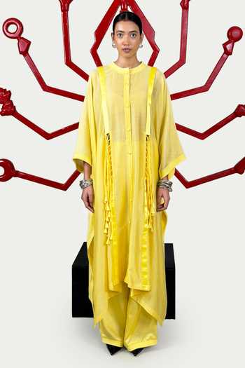 Buy_Saim_Yellow Chanderi, Satin, Silk Round Neck Tassel Work Kaftan And Pant Set _at_Aza_Fashions