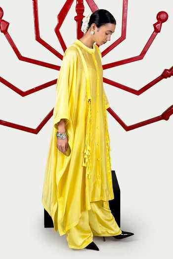 Buy_Saim_Yellow Chanderi, Satin, Silk Round Neck Tassel Work Kaftan And Pant Set _Online_at_Aza_Fashions