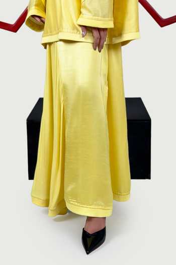 Saim_Yellow Chanderi, Satin, Silk, Patchwork Embroidered Kurta And Lungi Skirt Set _Online_at_Aza_Fashions