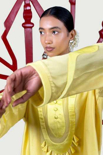Shop_Saim_Yellow Chanderi, Satin, Silk, Patchwork Embroidered Kurta And Lungi Skirt Set _Online_at_Aza_Fashions