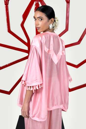 Buy_Saim_Pink Chanderi, Satin, Silk Round Neck Patchwork Cape And Trouser Set _Online_at_Aza_Fashions