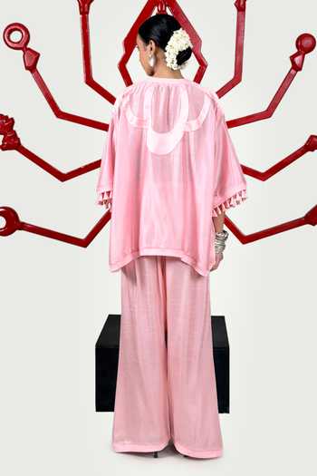 Shop_Saim_Pink Chanderi, Satin, Silk Round Neck Patchwork Cape And Trouser Set _at_Aza_Fashions