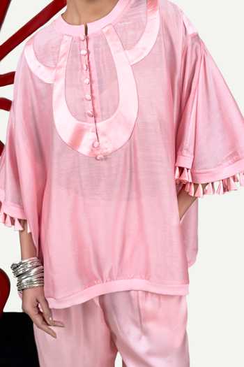 Shop_Saim_Pink Chanderi, Satin, Silk Round Neck Patchwork Cape And Trouser Set _Online_at_Aza_Fashions